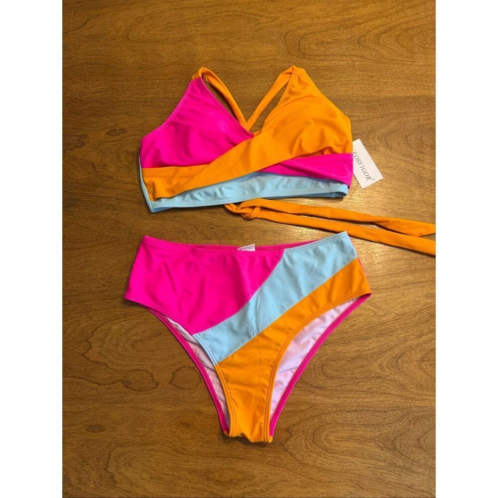 NWT Rosvigor Women's High Waisted Colorblock Bikini Set Pink Orange Blue Medium